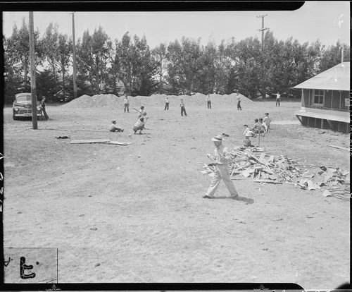 Salinas, California. Young evacuees of Japanese descent play baseball on day of arrival at this . . . - NARA - 536181
