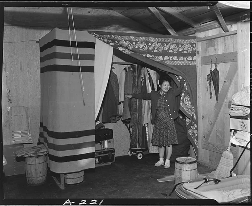 Salinas, California. Makeshift closet in barracks at assembly center. Persons of Japanese ancestry . . . - NARA - 536172